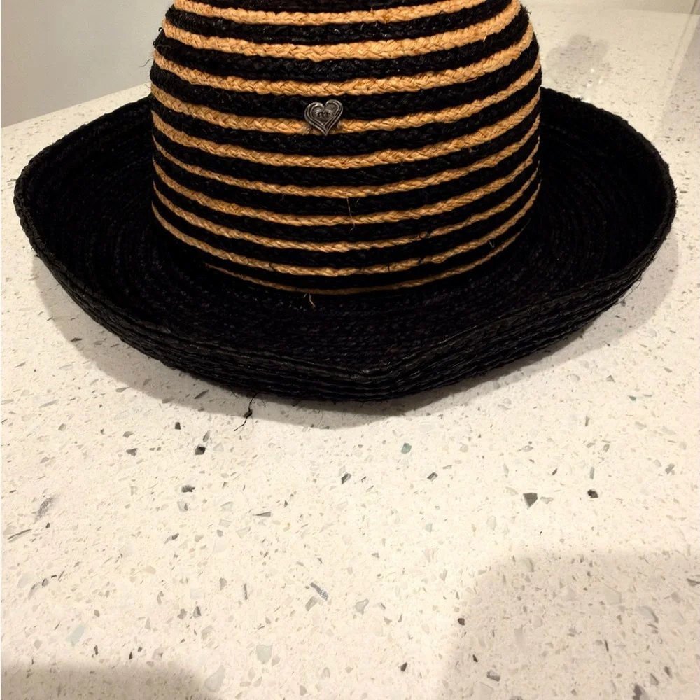 Kate Lord Womens Striped Straw Sun Hat Black Tan Beach‎ Golf Summer M/L